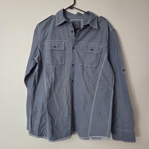 Calvin Klein Mens Medium Blue Long Sleeve Button Down White Stitching Cotton